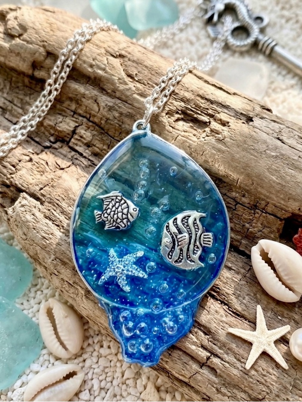 Seaside Blue Resin Fish & Starfish Pendant Necklace